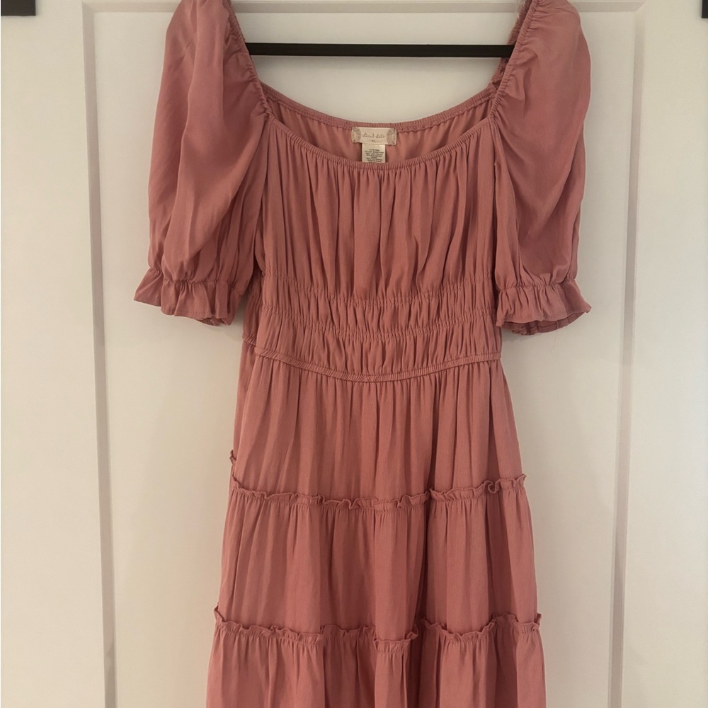 Altar'd State Pink Ruched Puff Sleeve Midi Dress